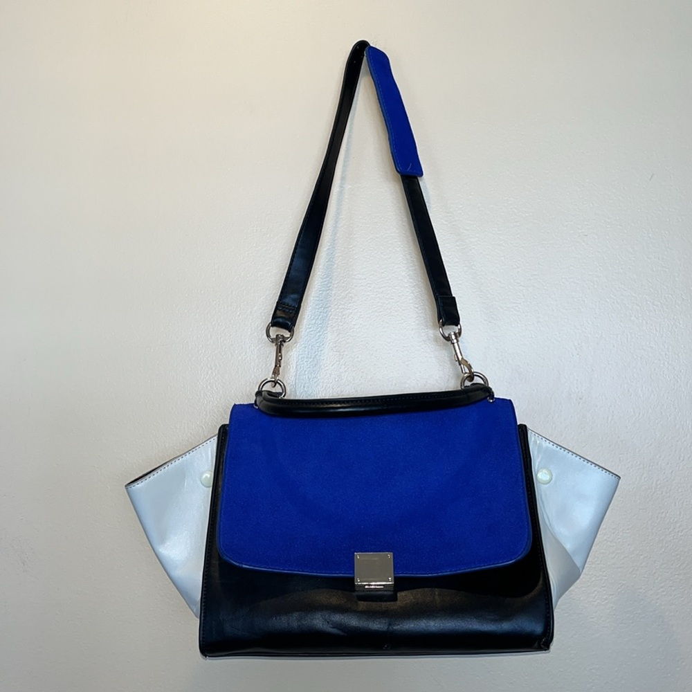 Blue Suede, Black and Cream Trapeze Bag